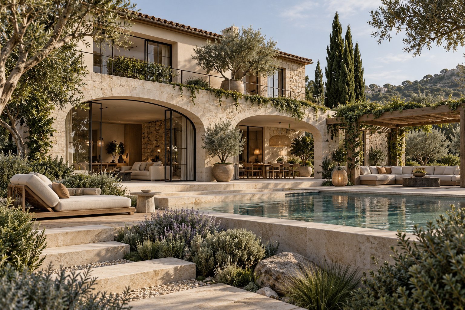 Hazır 3D mimari sahne: peyzajlı modern villa görselleştirmesi