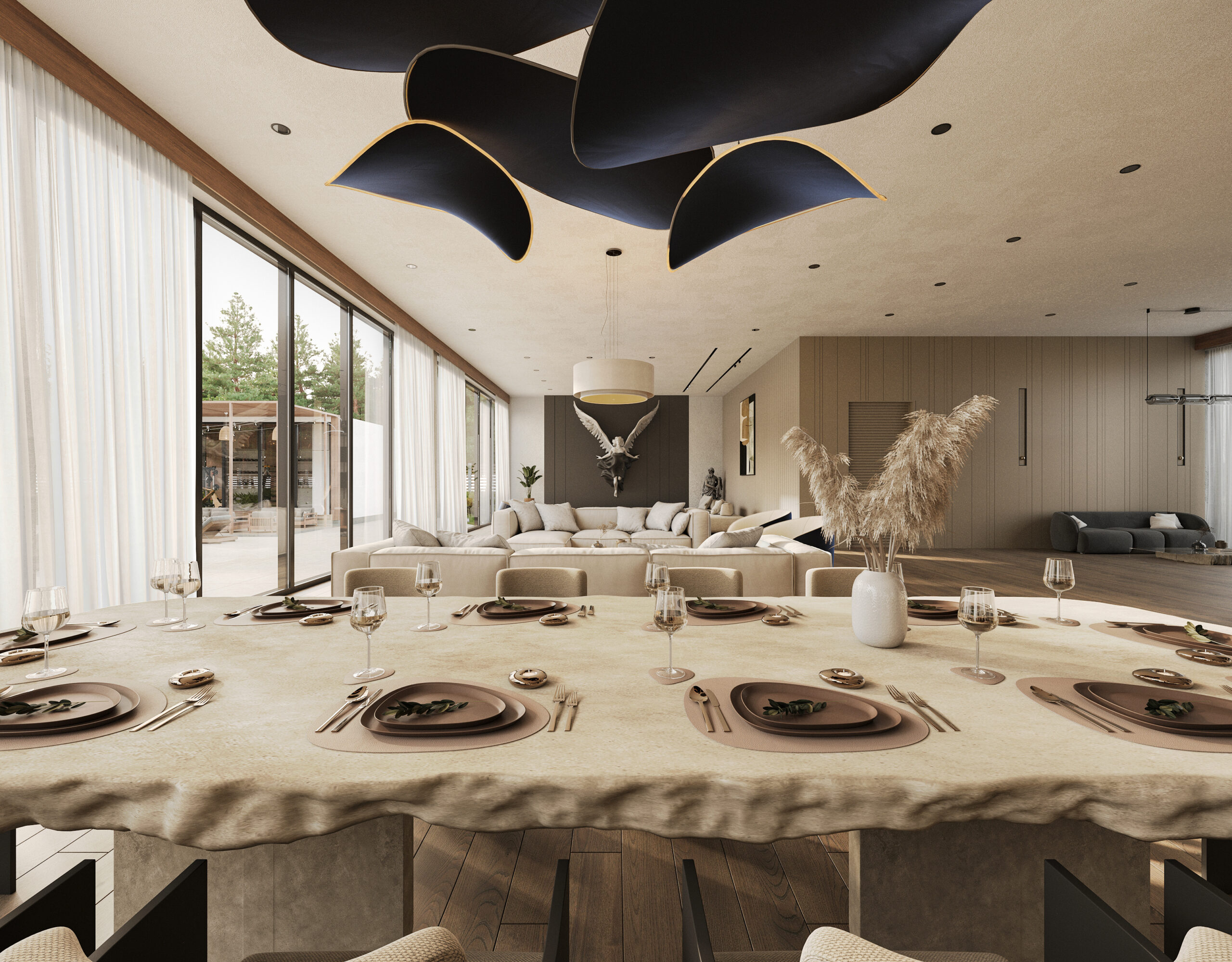 modern oturma alanı 3d modelleme render