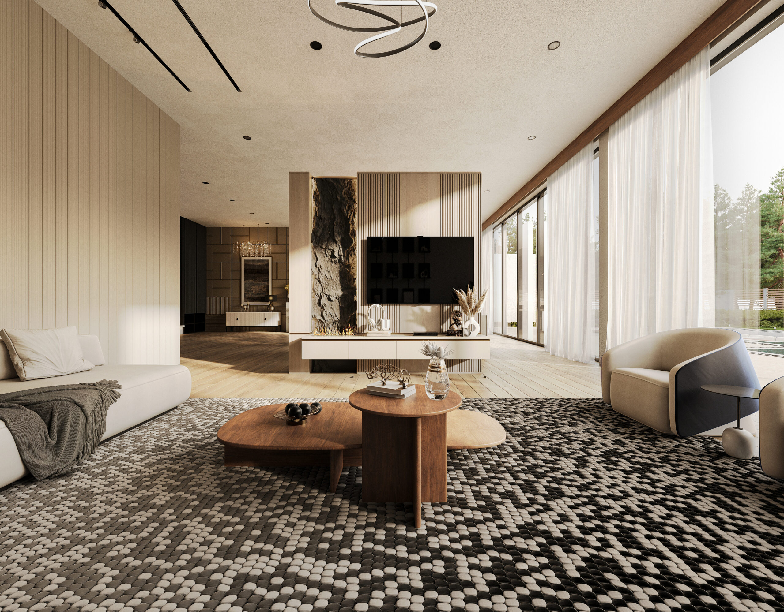 modern oturma alanı 3d modelleme render