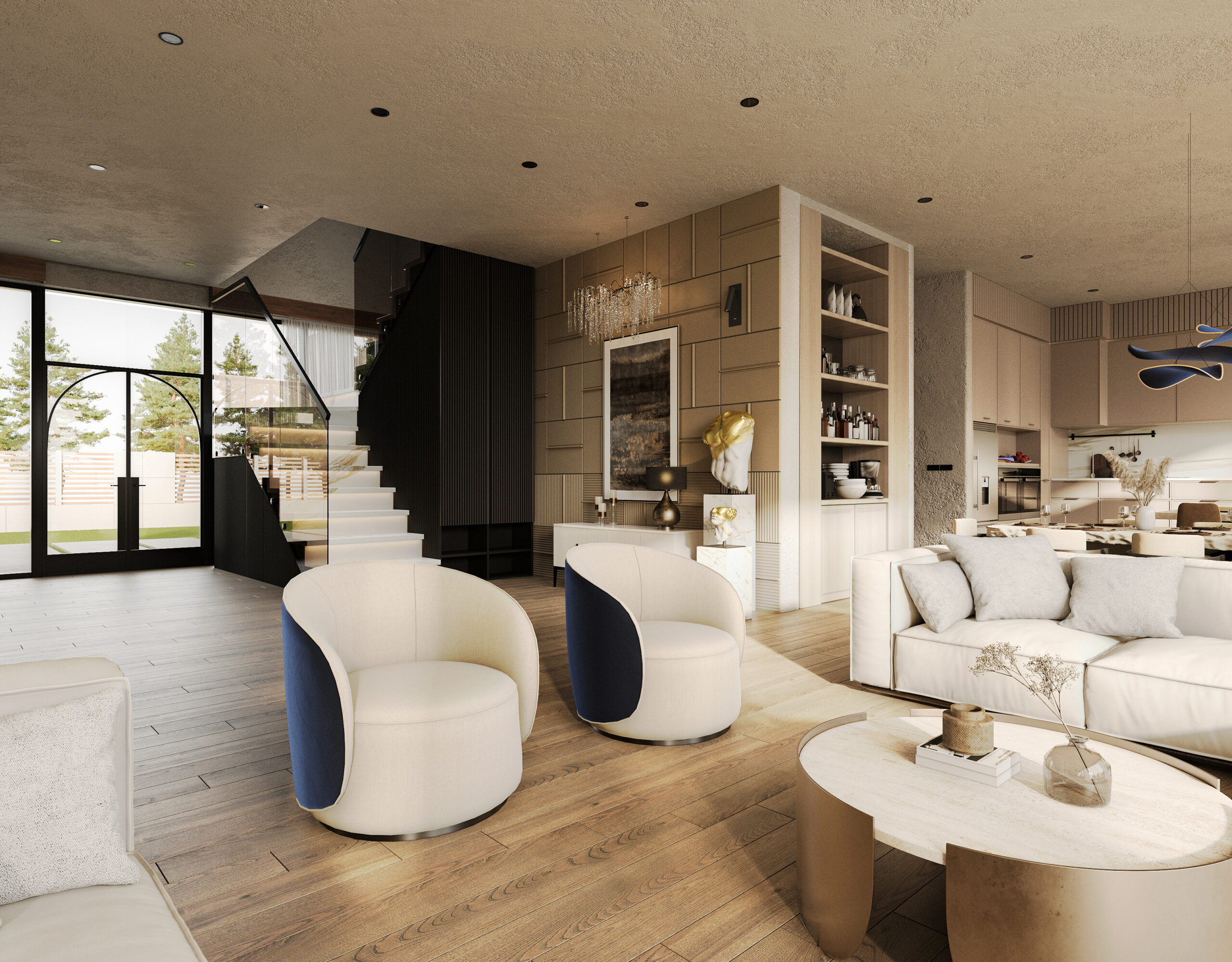modern oturma alanı 3d modelleme render