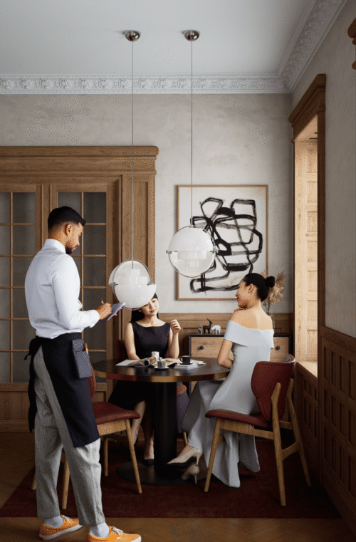SOFRA iç mekân projesinde servis alanı, oturma düzeni ve mekânsal bütünlüğü gösteren geniş açıdan hazırlanmış 3D render